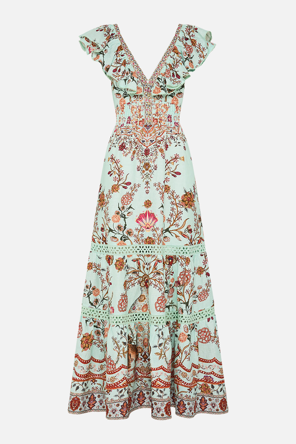 CAMILLA Tiered Dress with Neck Frill in Weaving Worlds print