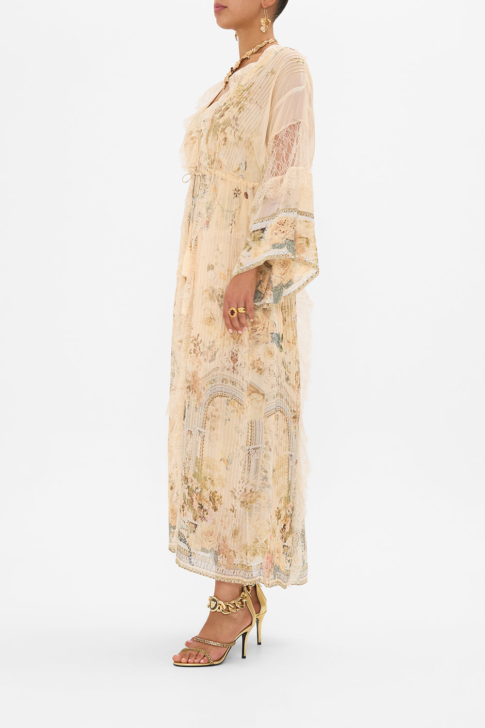 CAMILLA floral pintuck layer with lace detail in Adorned in Antiquity print. 