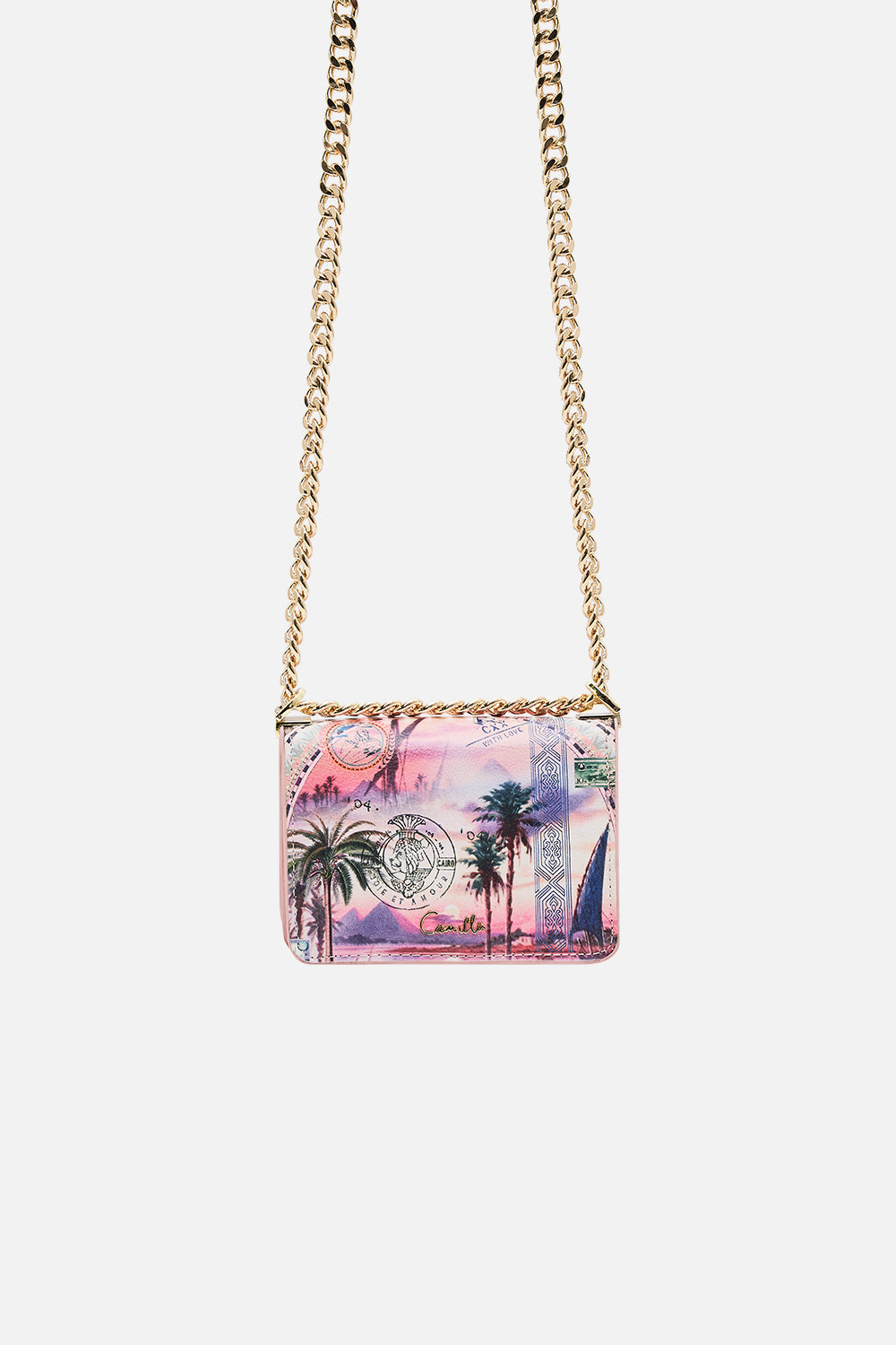 CAMILLA mini crossbody box bag with chain in Milla's Got Mail Print. 