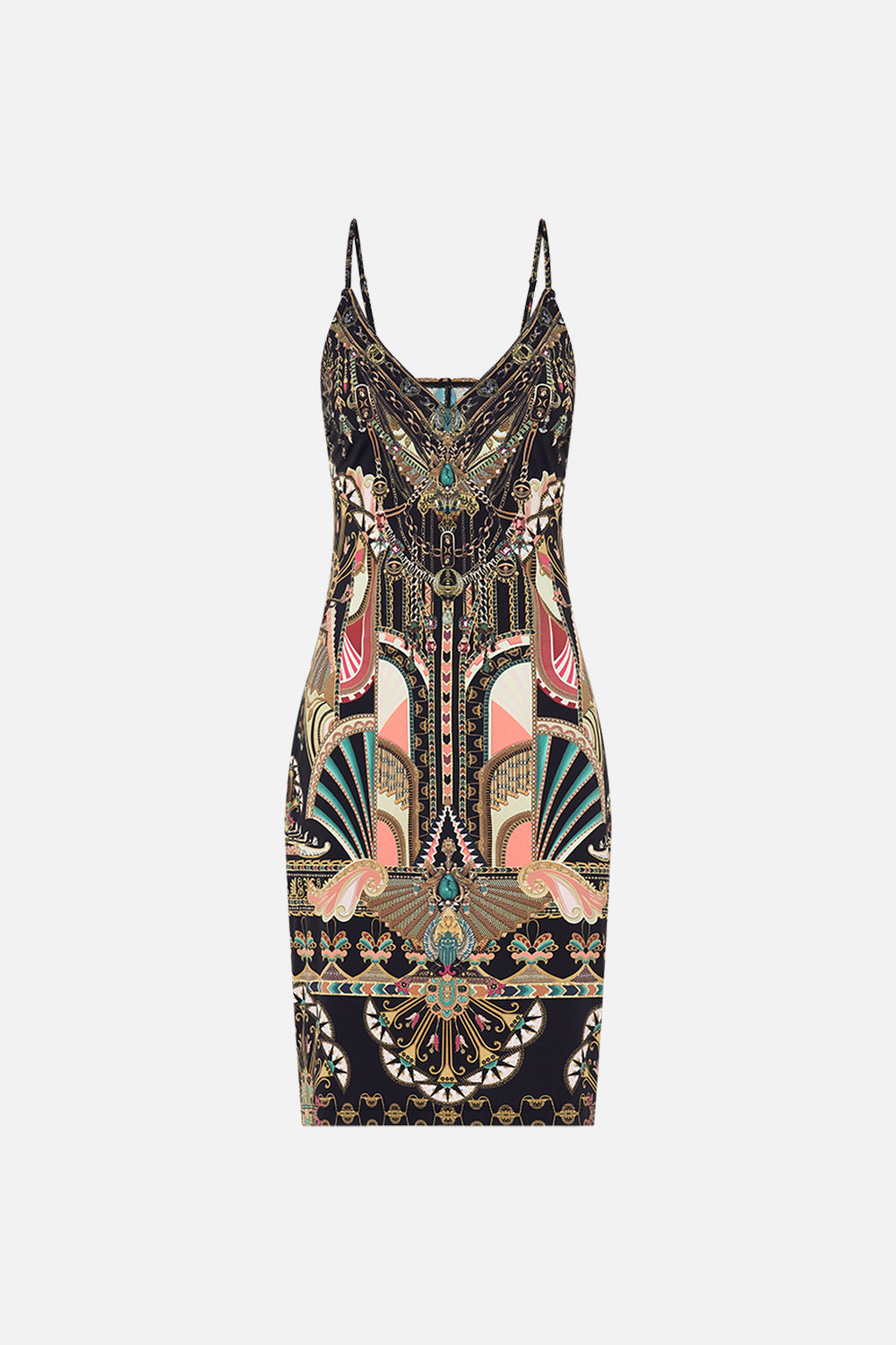 CAMILLA Black/Gold  V-Neck Slip in They Called Her Nefertari print