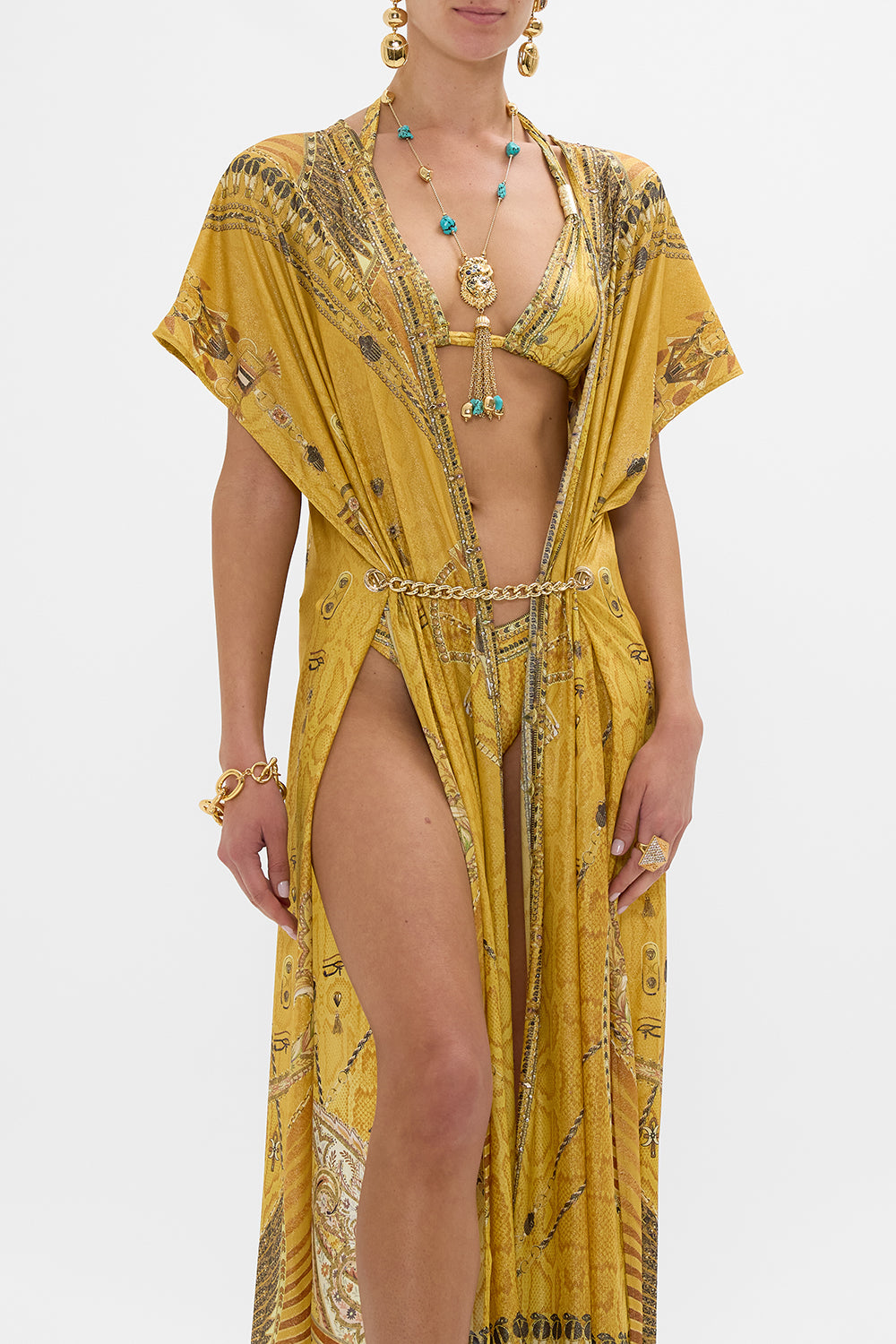 CAMILLA Gold Cover-Up with Front Splits in Valley of the Kings Print