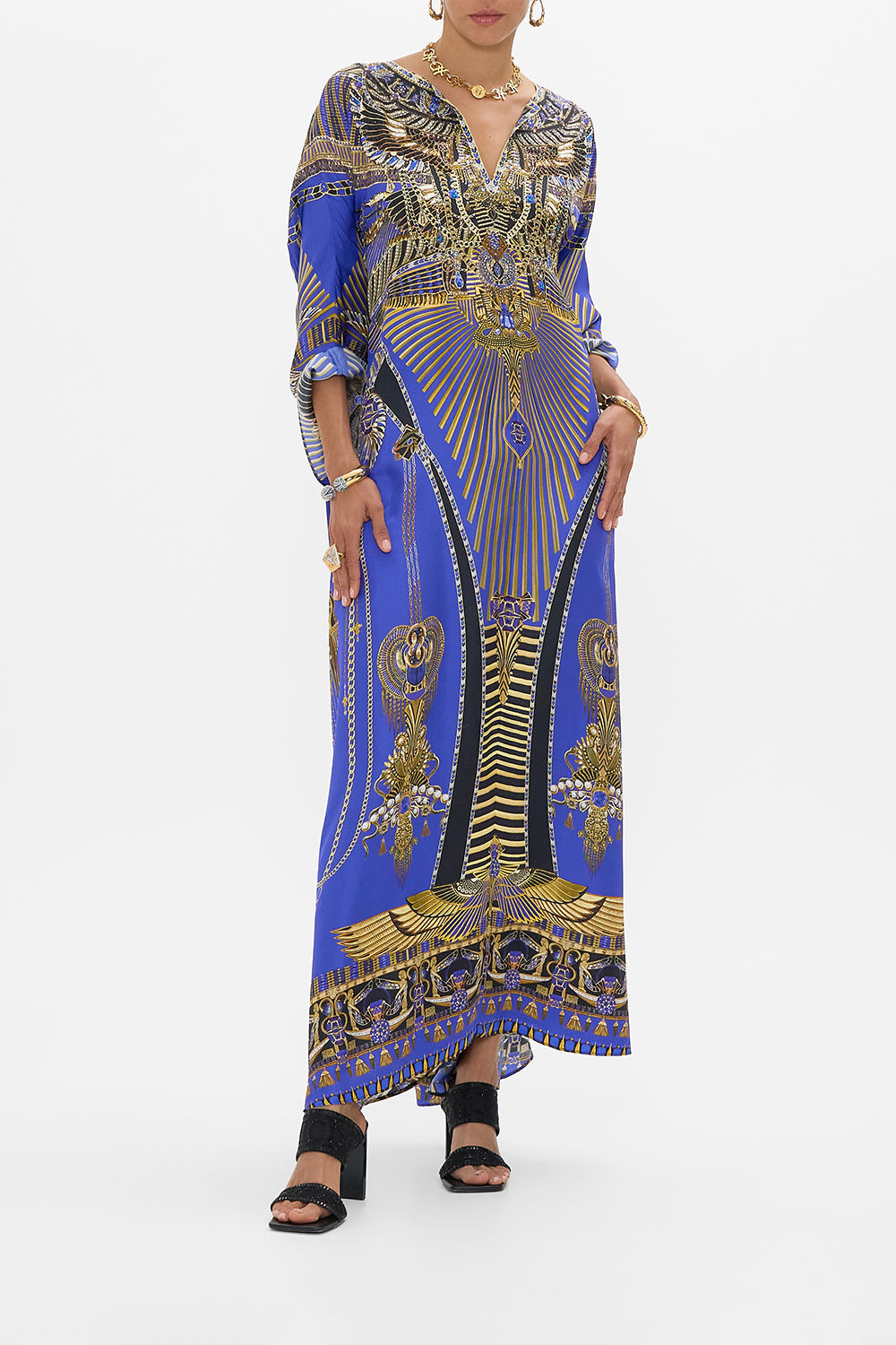 CAMILLA V Neck Kaftan With Front Welt Pockets in My Fair Pharaoh print. 