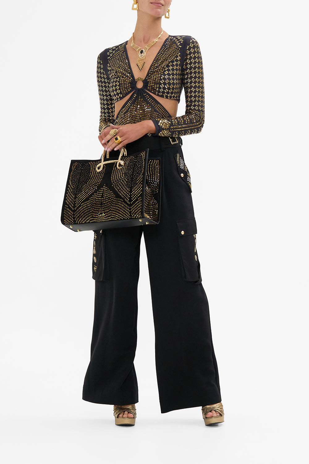 CAMILLA Black/Gold Mesh Cut-Out Bodysuit with Trim in They Called Her Nefertari print