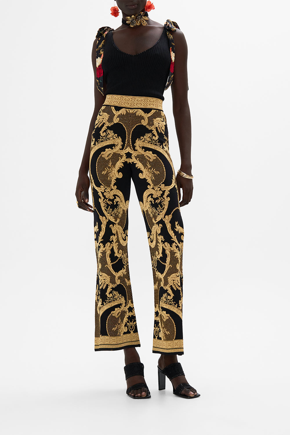 CAMILLA Black Flared Jacquard Knit Pant in Magic in the Manuscripts print
