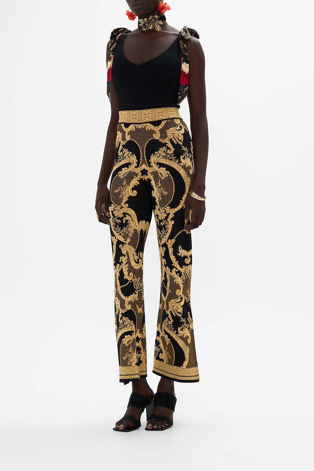 CAMILLA Black Flared Jacquard Knit Pant in Magic in the Manuscripts print