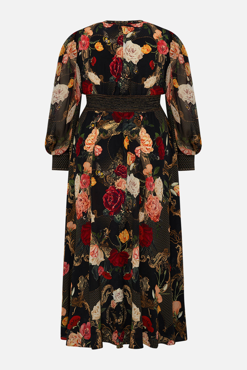 SHAPED WAISTBAND DRESS WITH GATHERED SLEEVES SECRET GARDEN