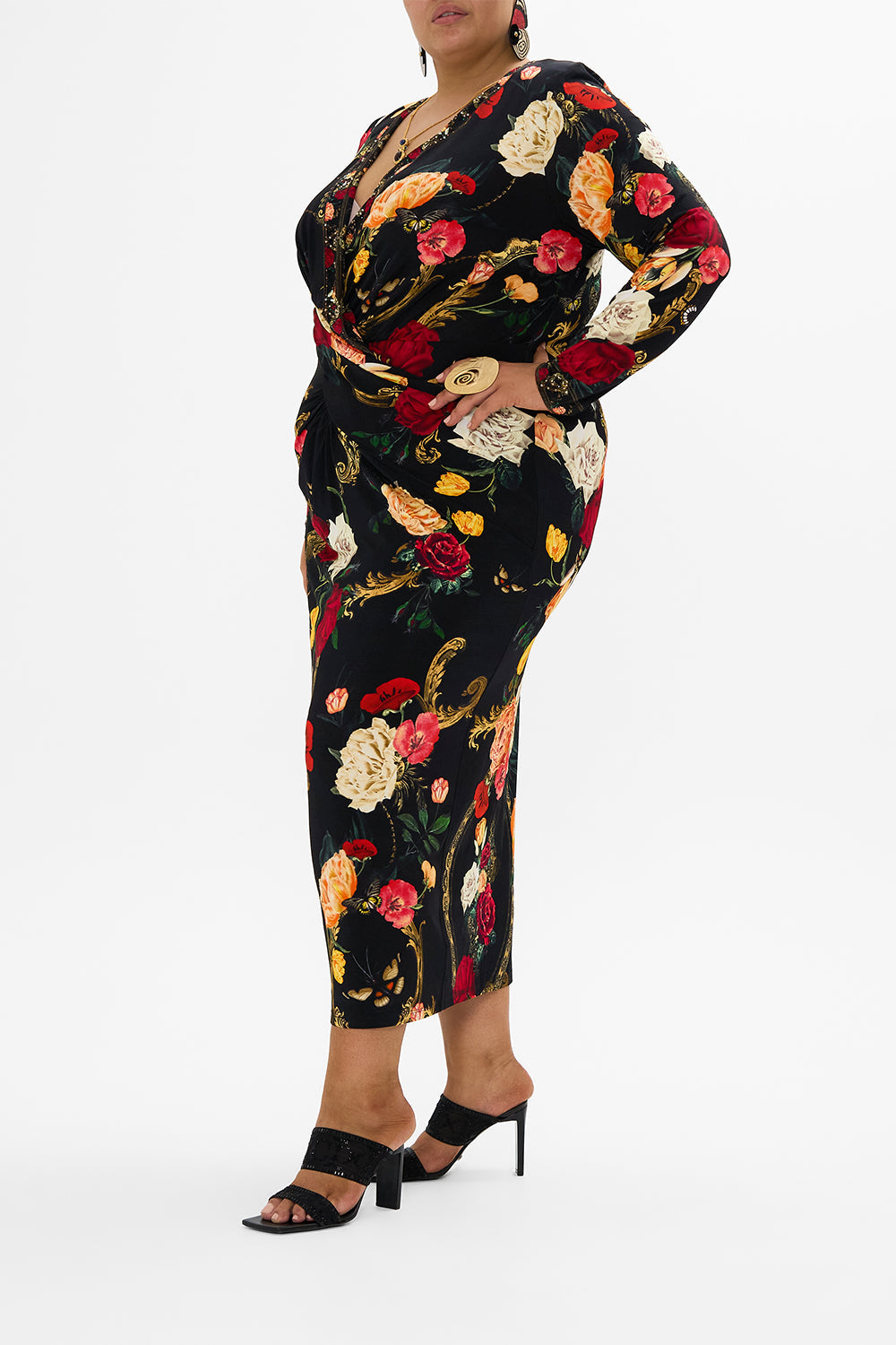 CAMILLA Black V-Neck Midi Cross Front Dress in Magic in the Manuscripts