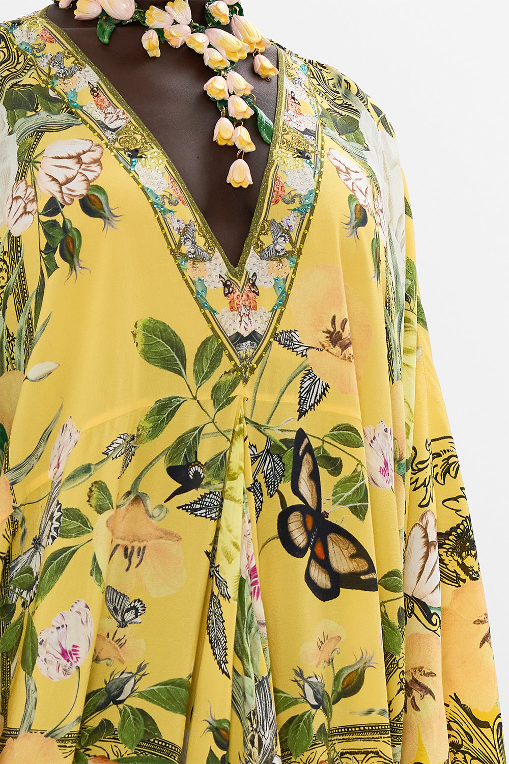 CAMILLA yellow T Shape Long Kaftan in Paths of Gold