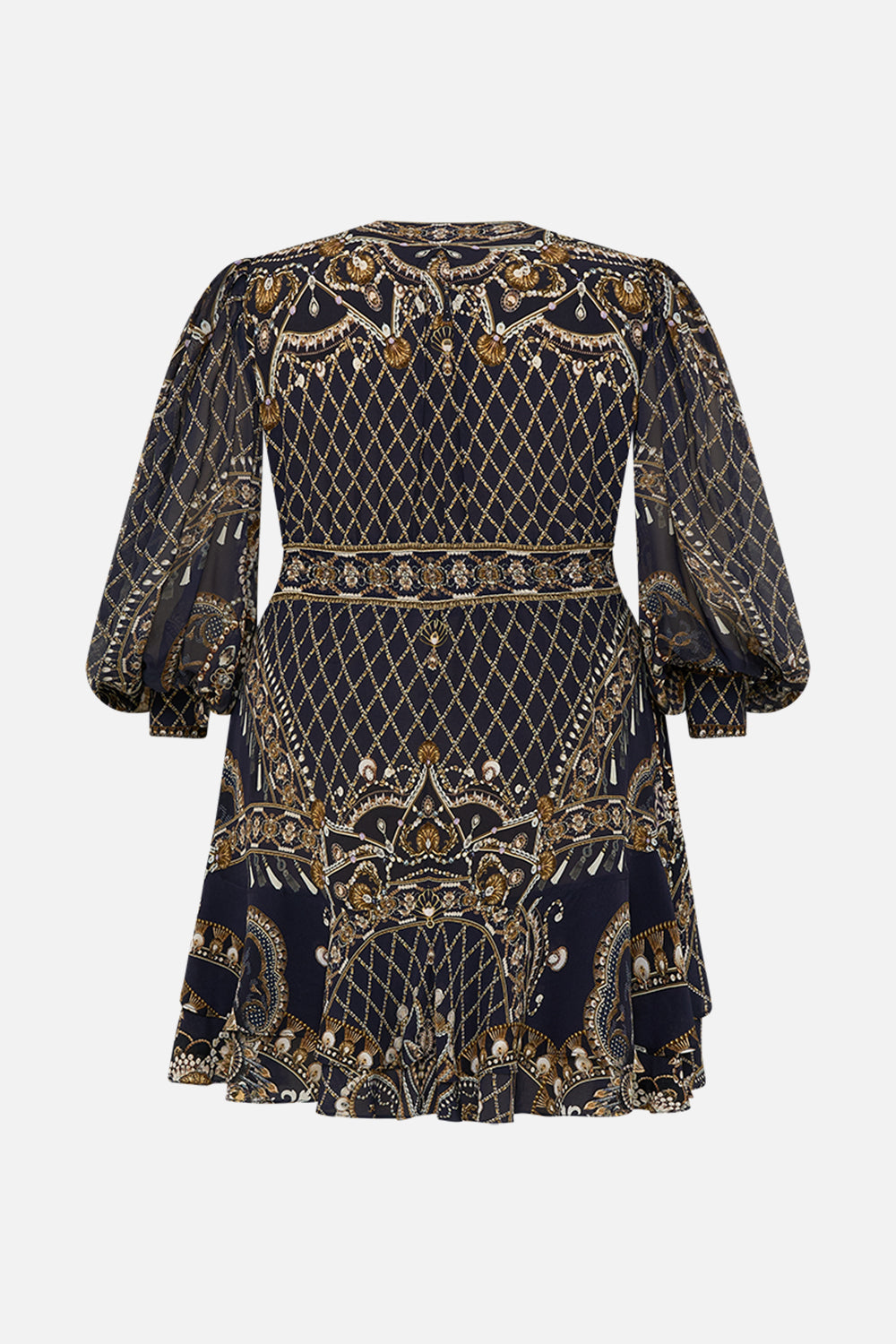 CAMILLA black button frill dress in Dance With The Duke print