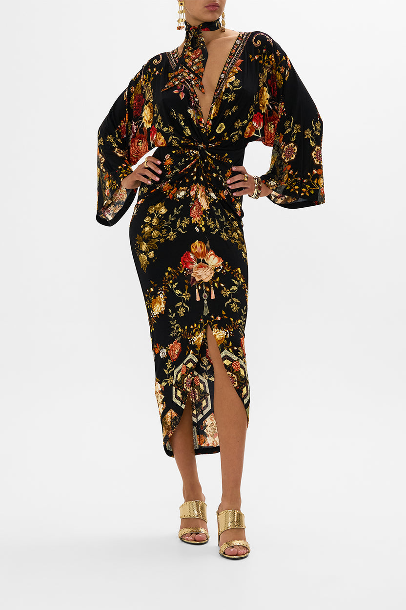 LONG SPLIT FRONT TWIST DRESS PRINTED PRIMA VERA