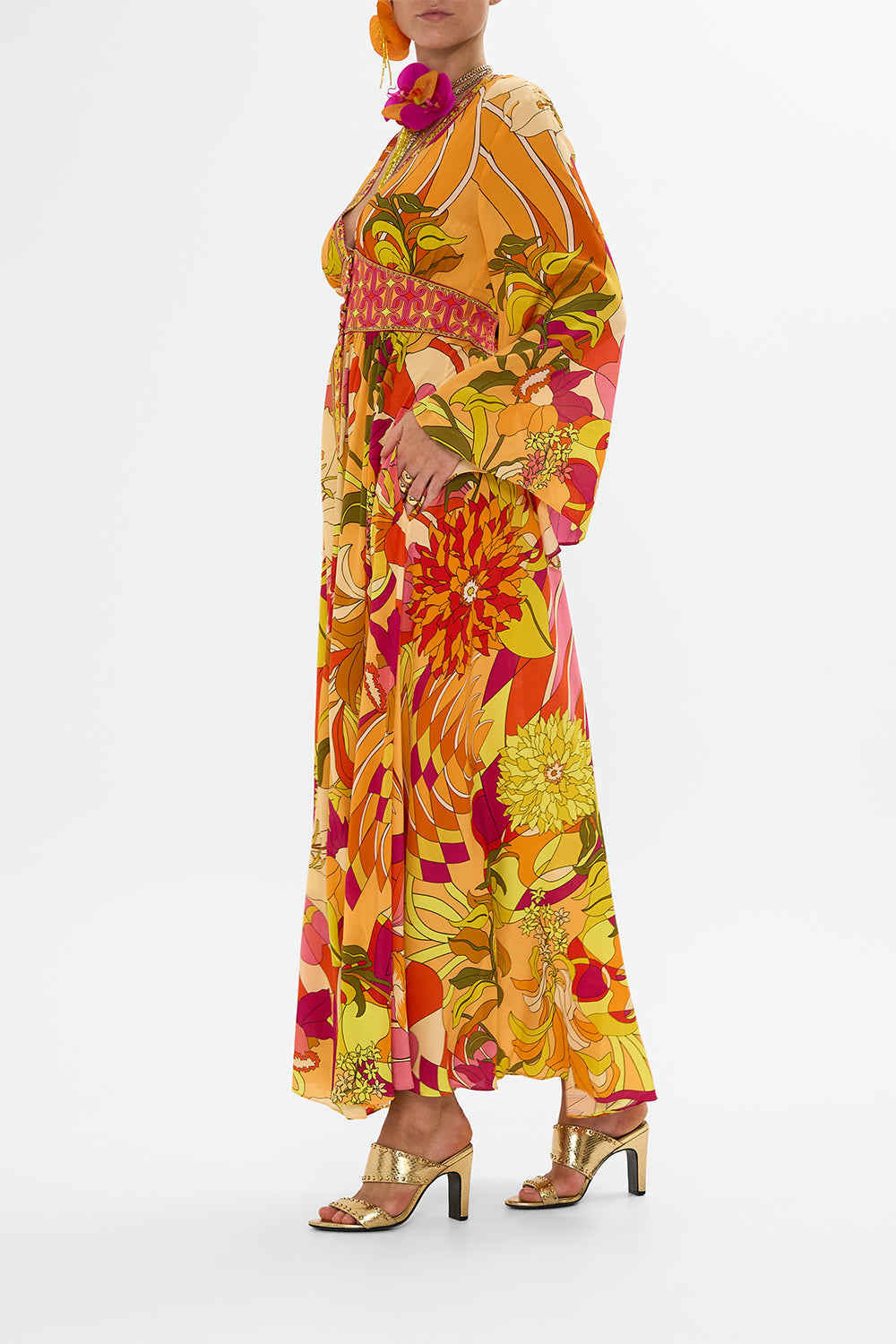 CAMILLA Floral Kimono Sleeve Dress with Shirring Detail in The Flower Child Society