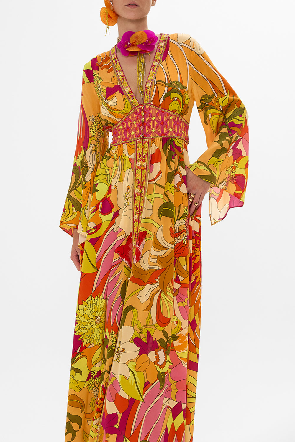 CAMILLA Floral Kimono Sleeve Dress with Shirring Detail in The Flower Child Society
