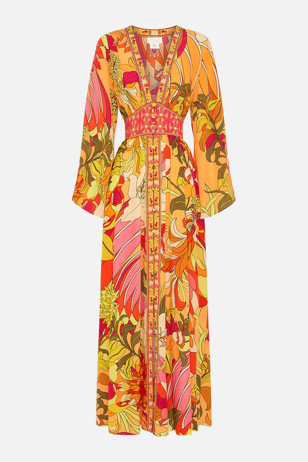 CAMILLA Floral Kimono Sleeve Dress with Shirring Detail in The Flower Child Society