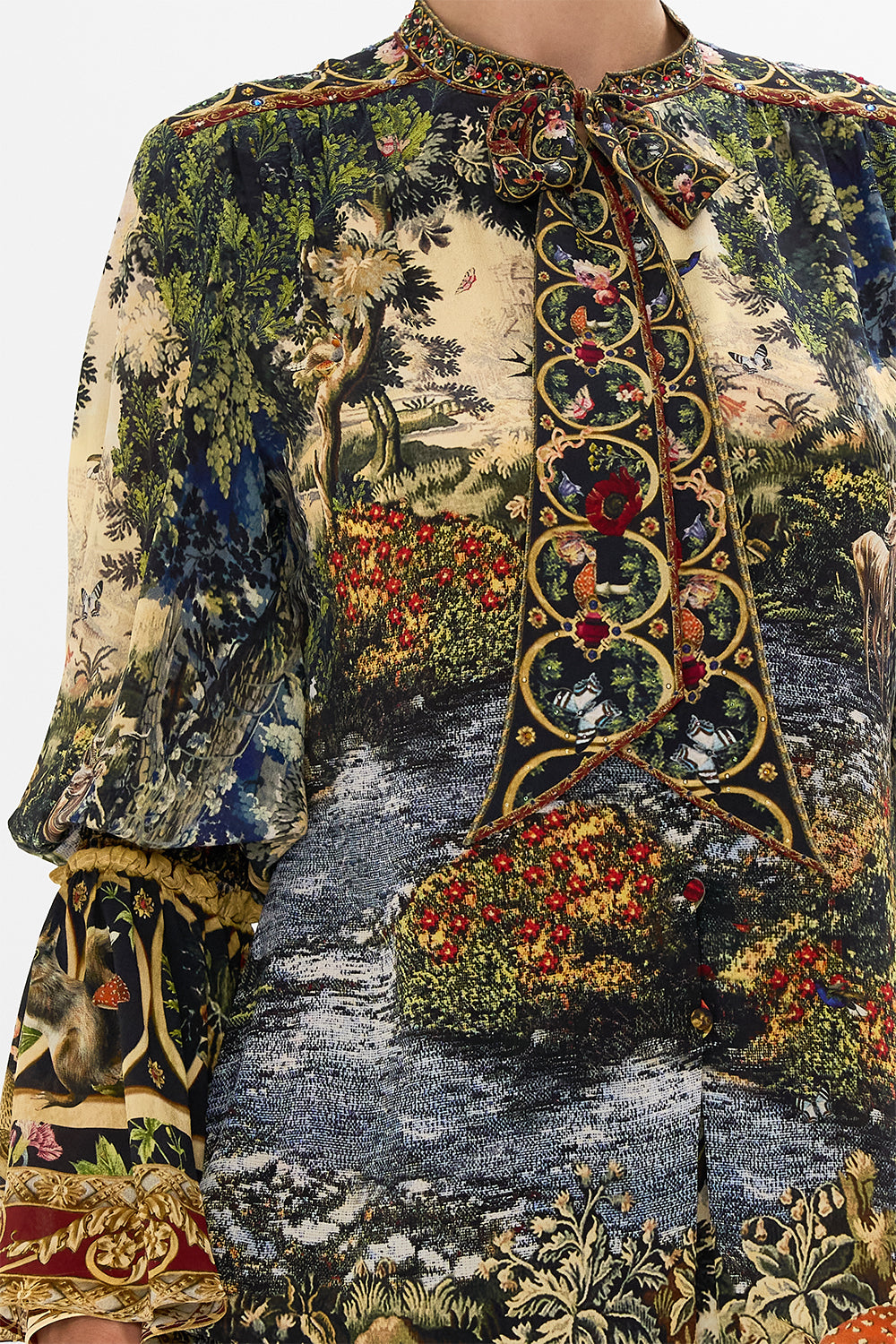 CAMILLA Black Elastic Sleeve Tie Front Blouse in Tapestry Totems print