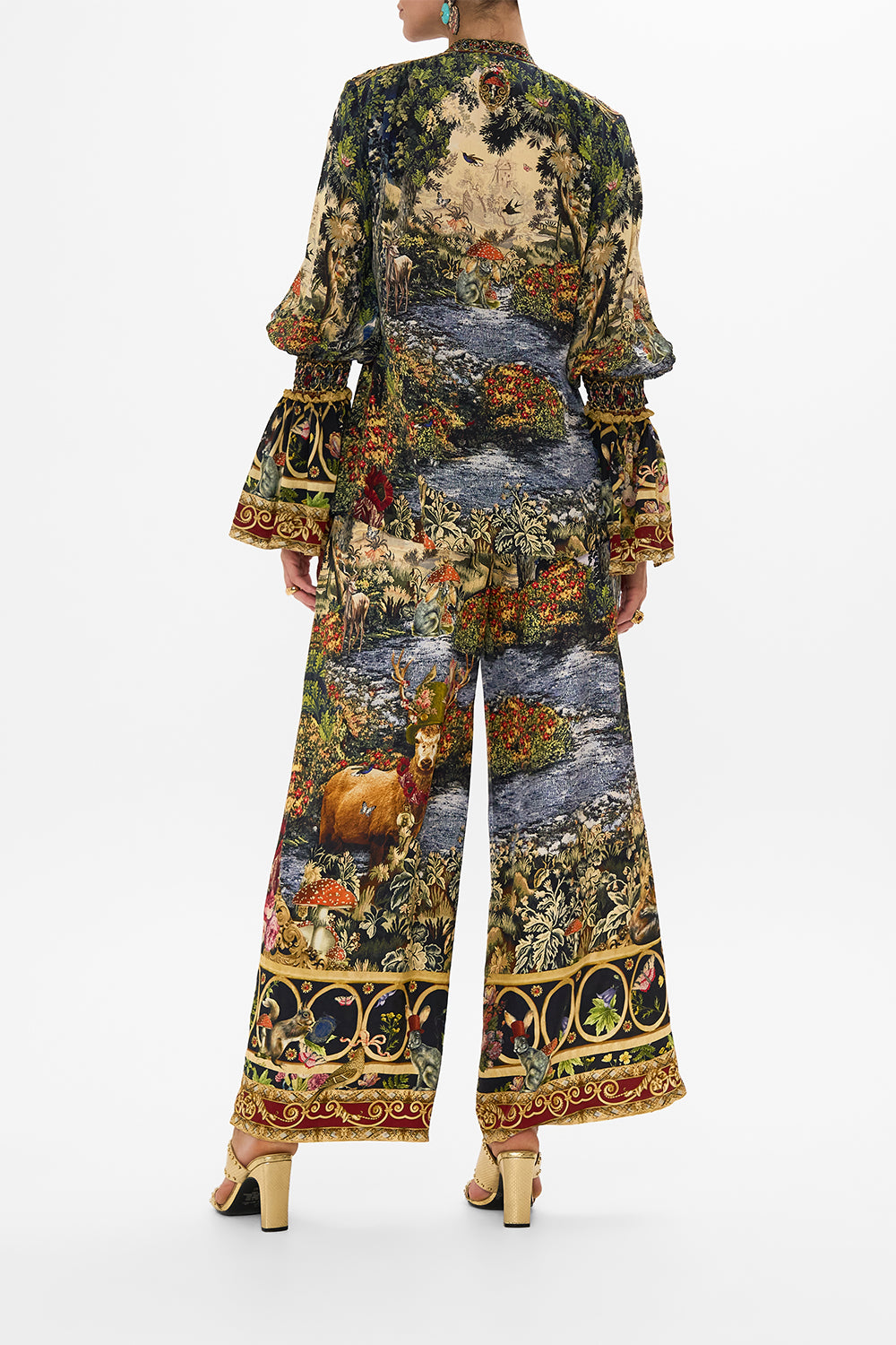 CAMILLA Black Elastic Sleeve Tie Front Blouse in Tapestry Totems print