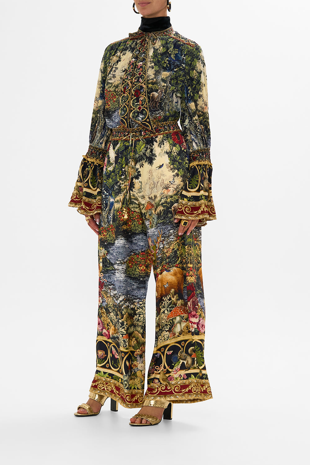 CAMILLA Black Elastic Sleeve Tie Front Blouse in Tapestry Totems print