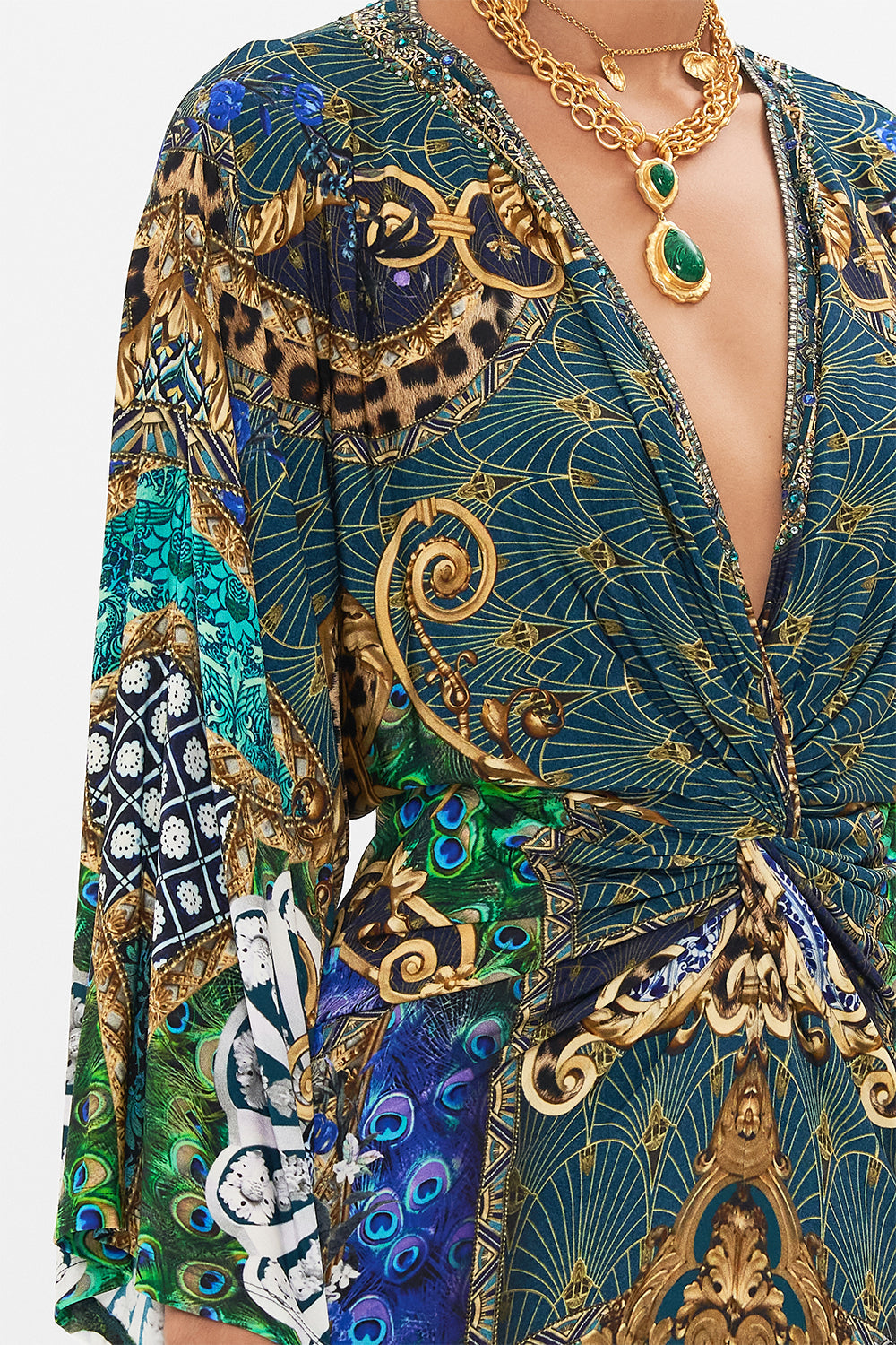 Detail view of model wearing CAMILLA jersey dress in Fan Dance print