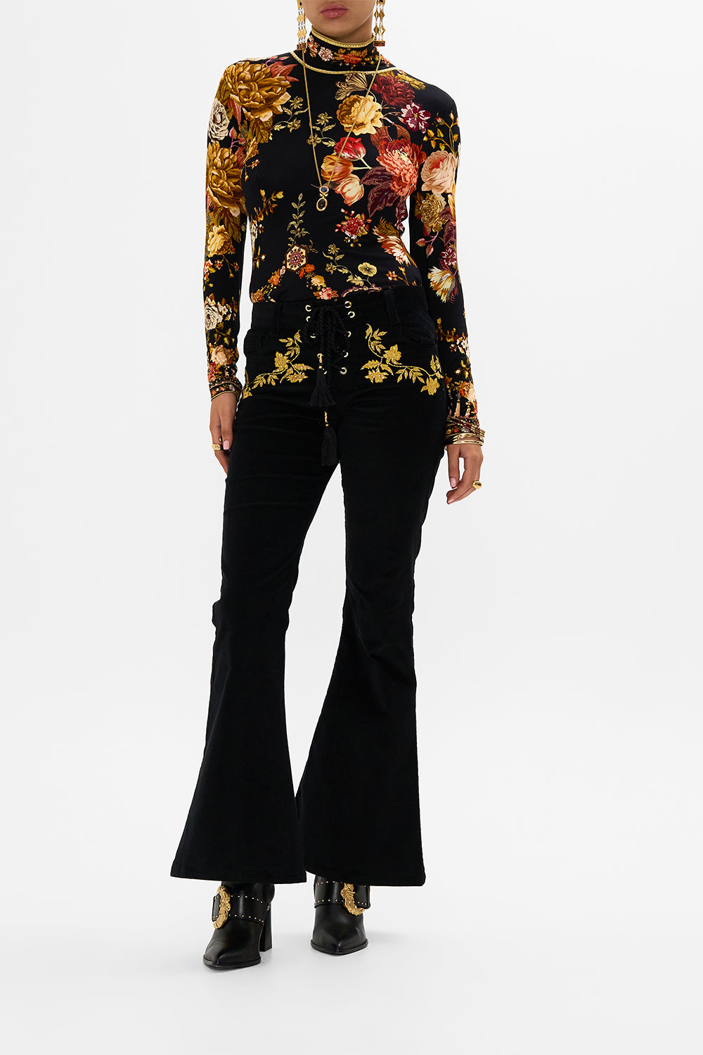 CAMILLA floral jersey turtleneck in Stitched In Time print.