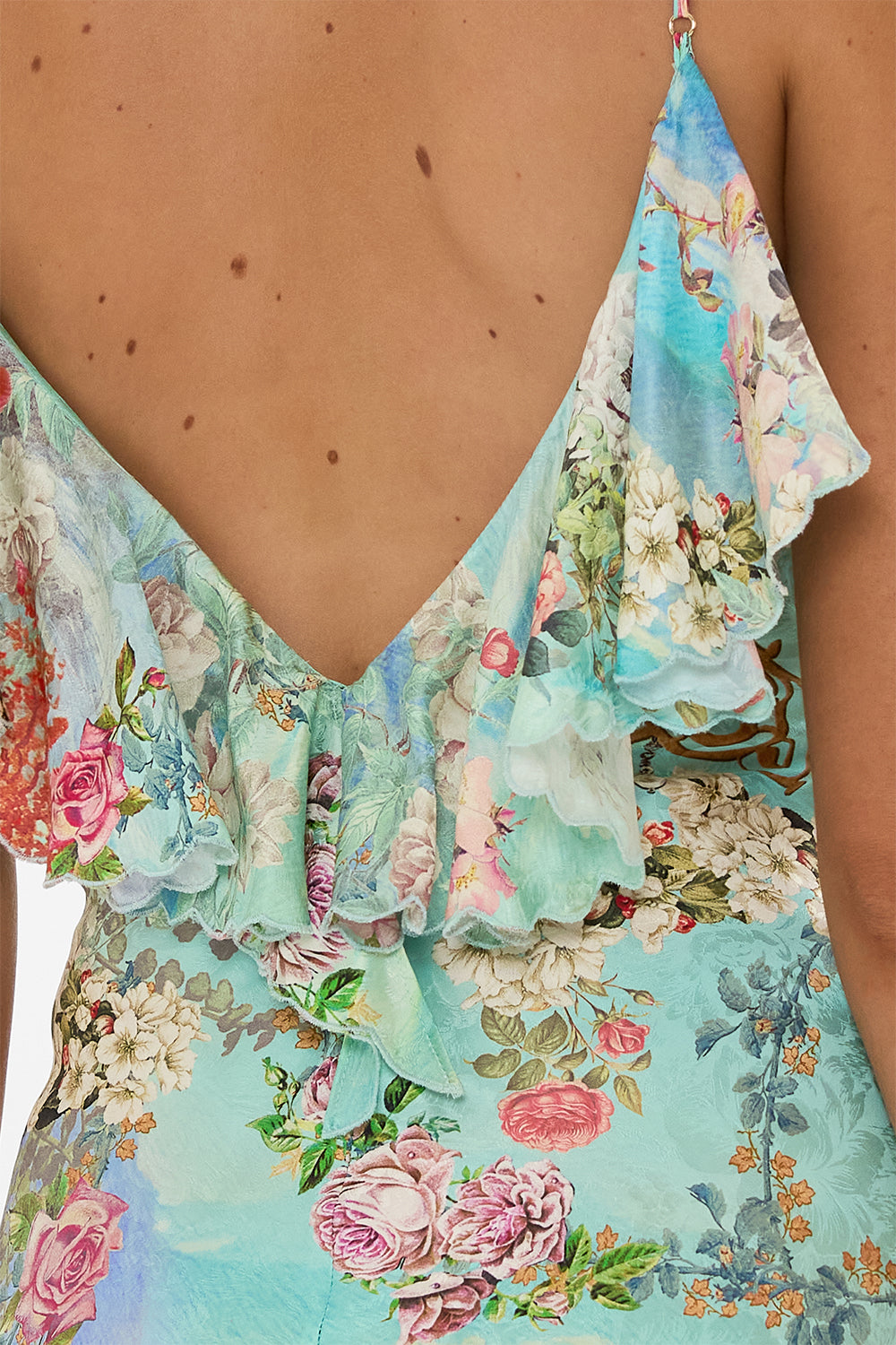 The CAMILLA V NECK BIAS SLIP DRESS WITH BACK FRILL THE JEWELLERY MUSEUM in our  print.