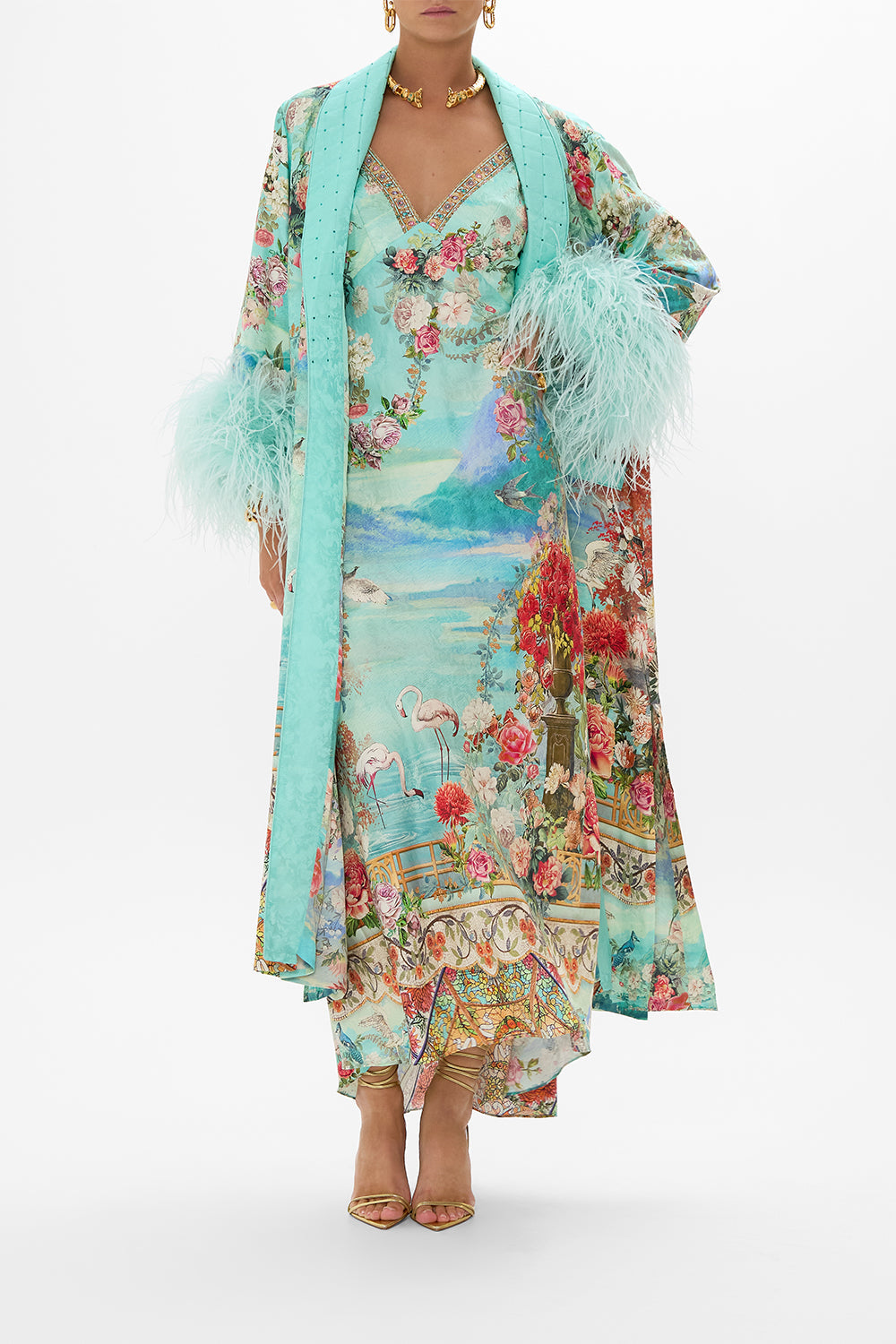 The CAMILLA V NECK BIAS SLIP DRESS WITH BACK FRILL THE JEWELLERY MUSEUM in our  print.
