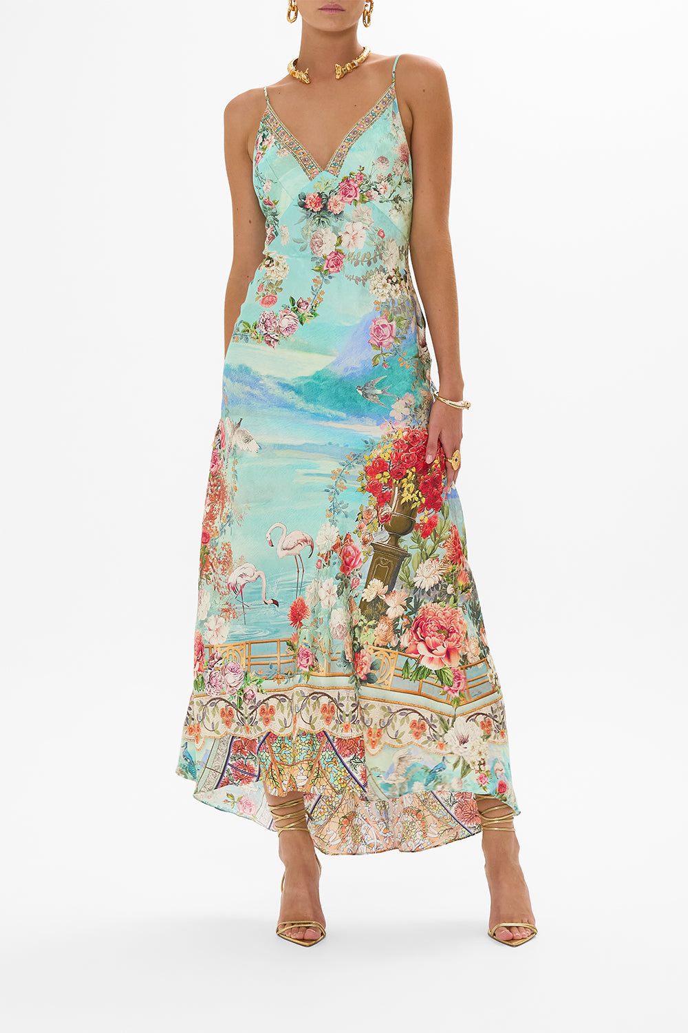 The CAMILLA V NECK BIAS SLIP DRESS WITH BACK FRILL THE JEWELLERY MUSEUM in our THE JEWELLERY MUSEUM print.