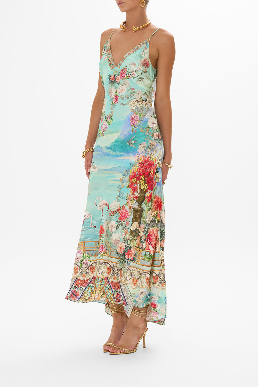The CAMILLA V NECK BIAS SLIP DRESS WITH BACK FRILL THE JEWELLERY MUSEUM in our  print.
