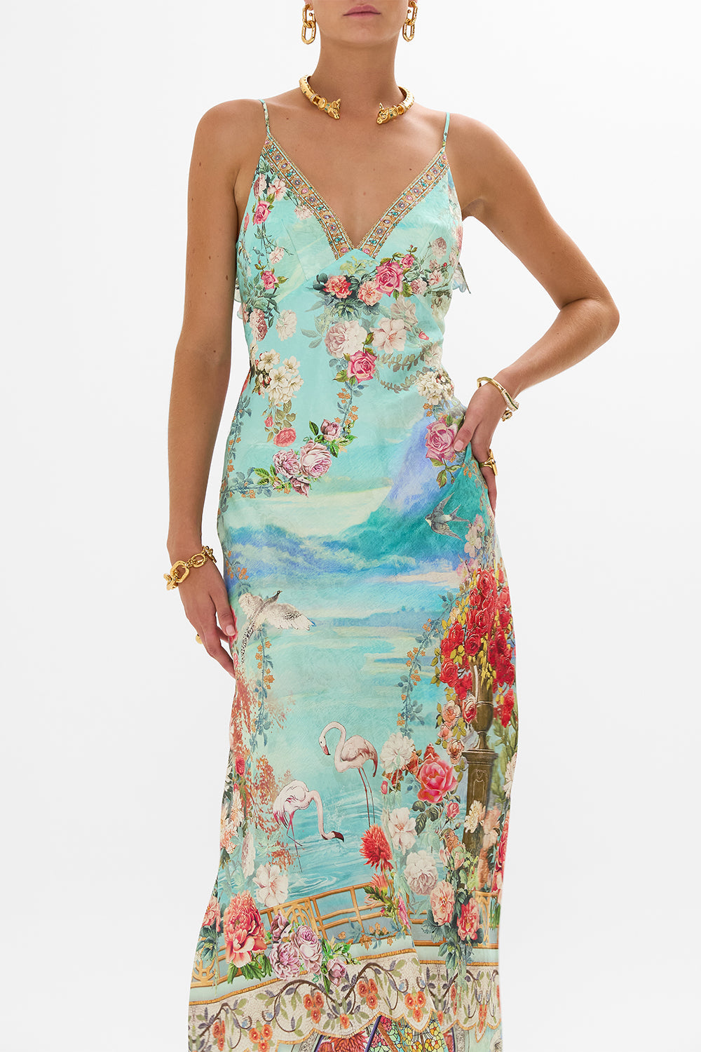 The CAMILLA V NECK BIAS SLIP DRESS WITH BACK FRILL THE JEWELLERY MUSEUM in our  print.