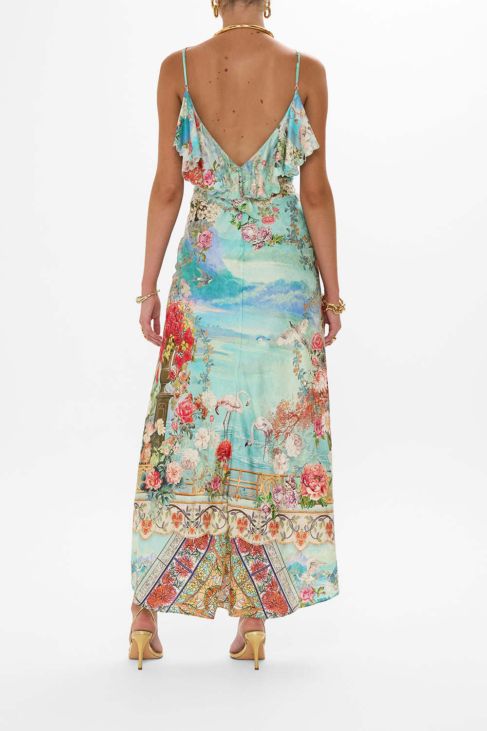 The CAMILLA V NECK BIAS SLIP DRESS WITH BACK FRILL THE JEWELLERY MUSEUM in our  print.