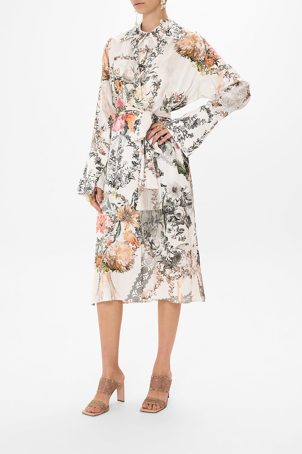 CAMILLA white floral print silk coat in De Haar Memoirs print