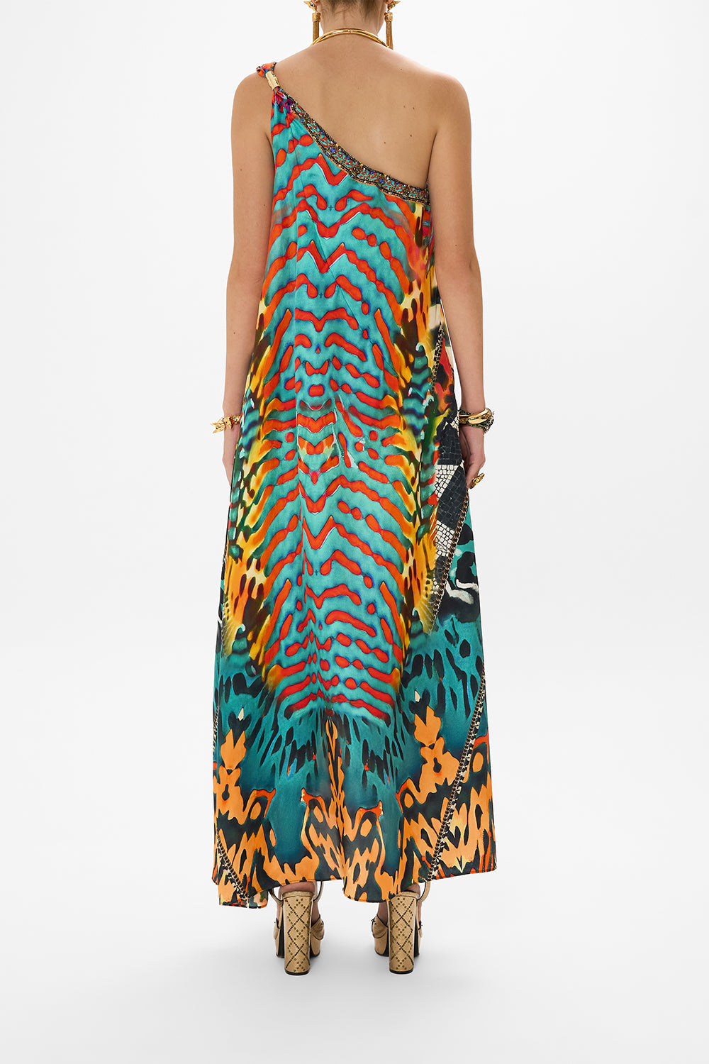 CAMILLA One Shoulder Buckle Dress in Desert Visions print.