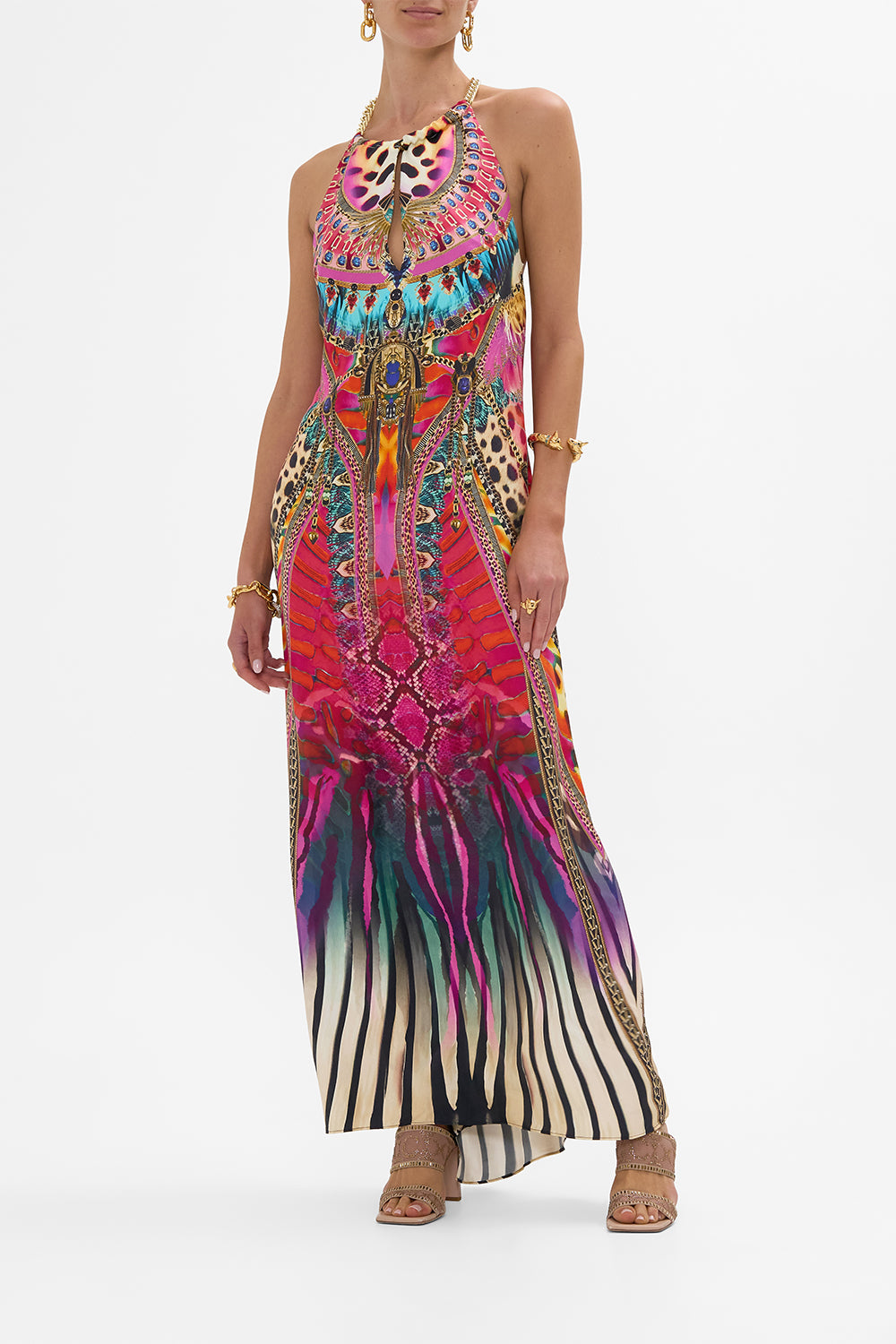 CAMILLA Low Back Long Dress with Neck Hardware in Sahara Supernatural print.
