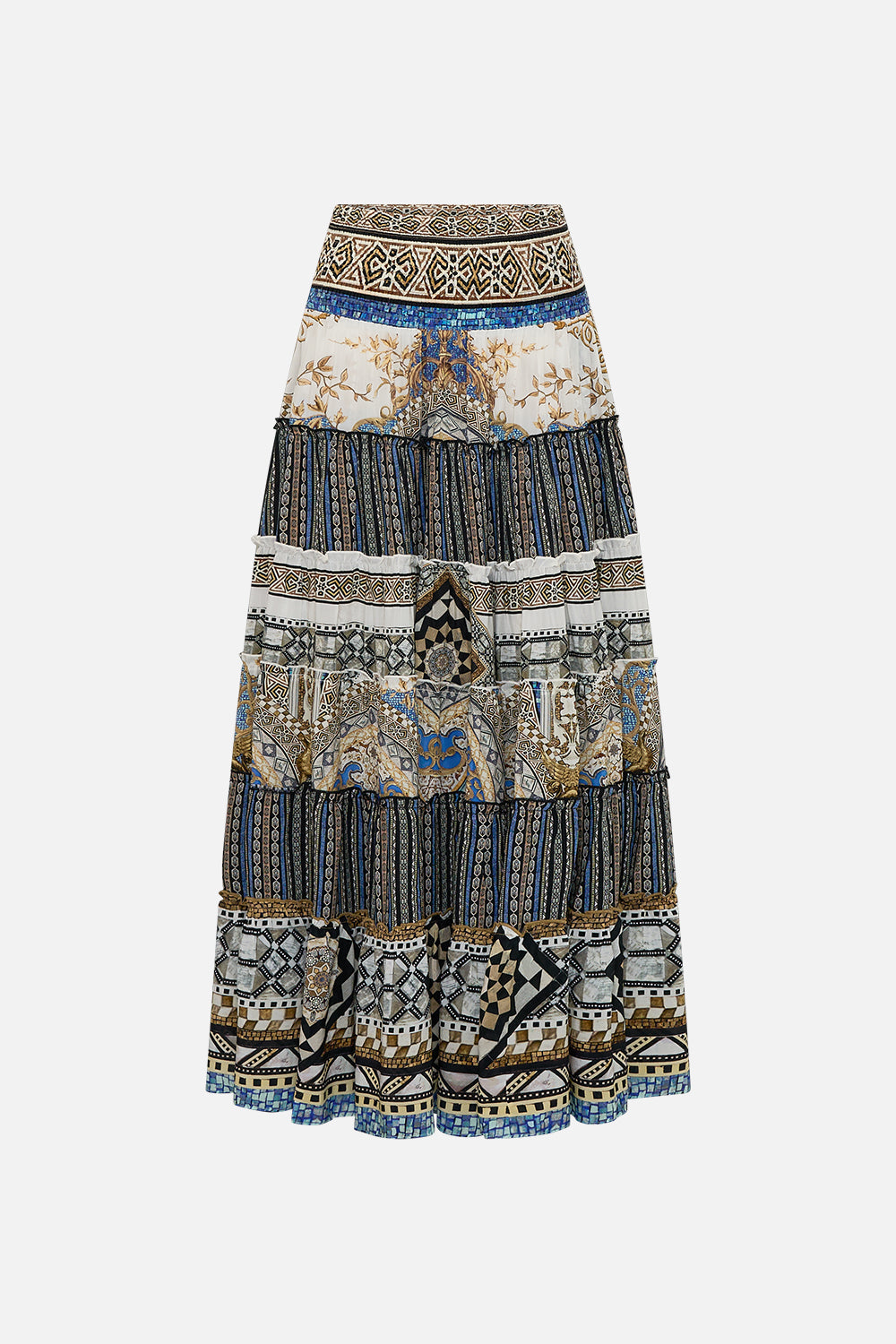 CAMILLA Shirred Waist Tiered Circle Skirt in Make Me Your Mosaic Print.