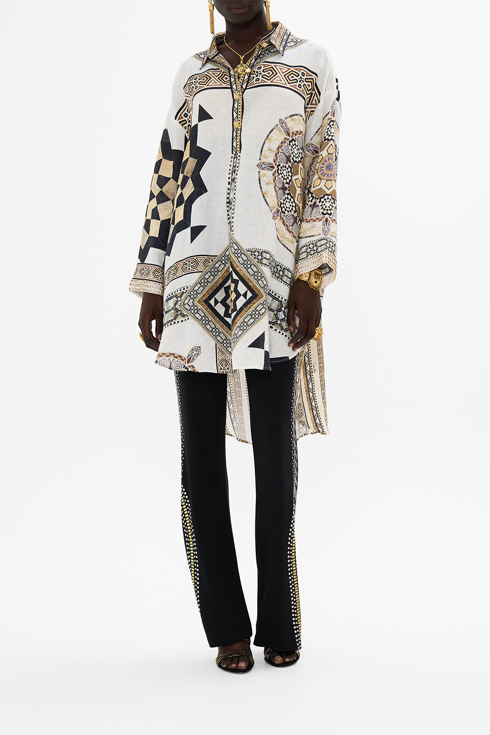 CAMILLA Relaxed High Low Shirt Dress in Tile Style Print.