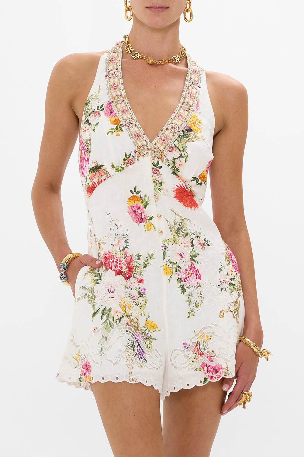 BUTTON FRONT HALTER PLAYSUIT EGYPTIAN ROSE