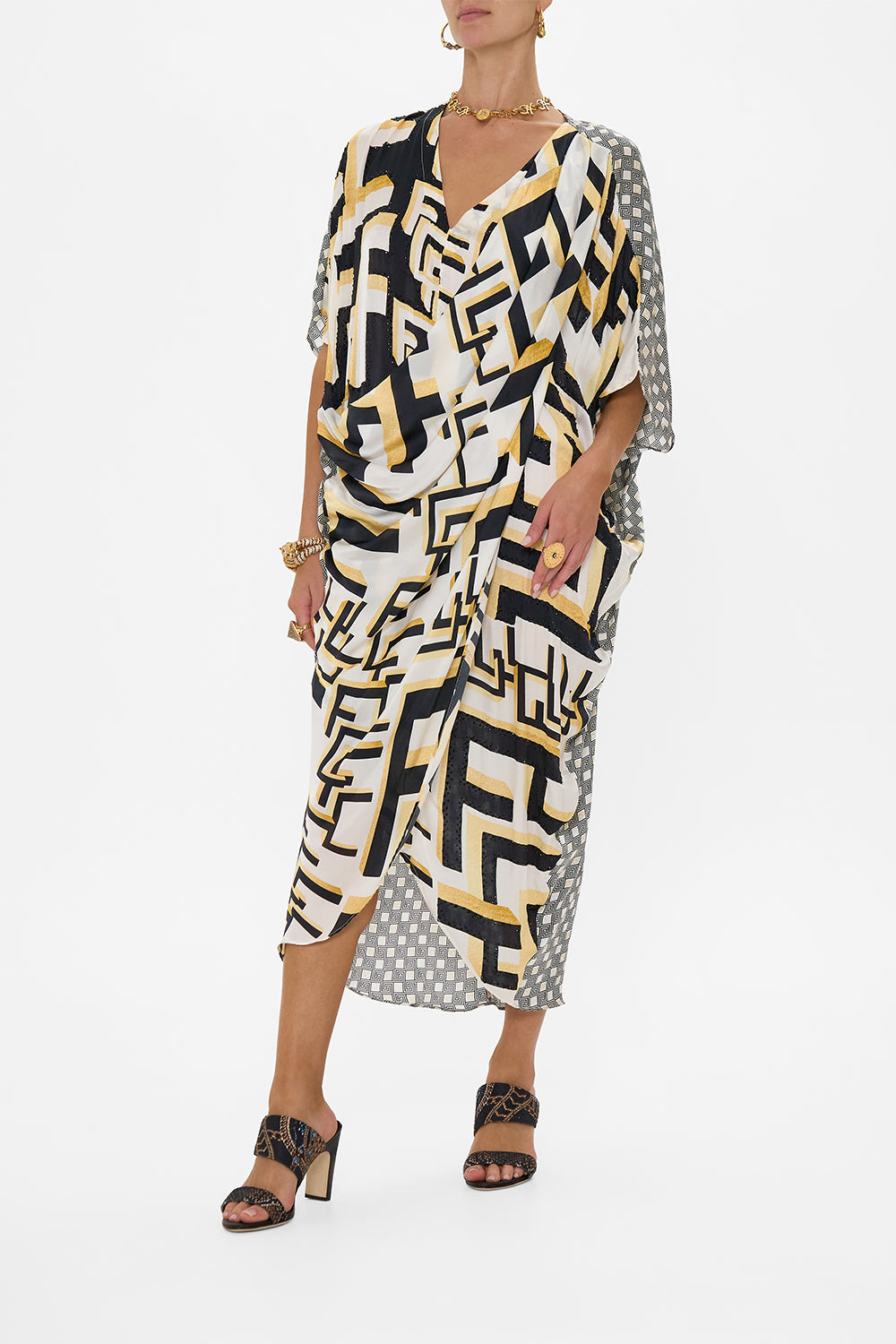 V NECK GATHERED SHOULDER DRAPED KAFTAN TEMPLES OF DENDARA