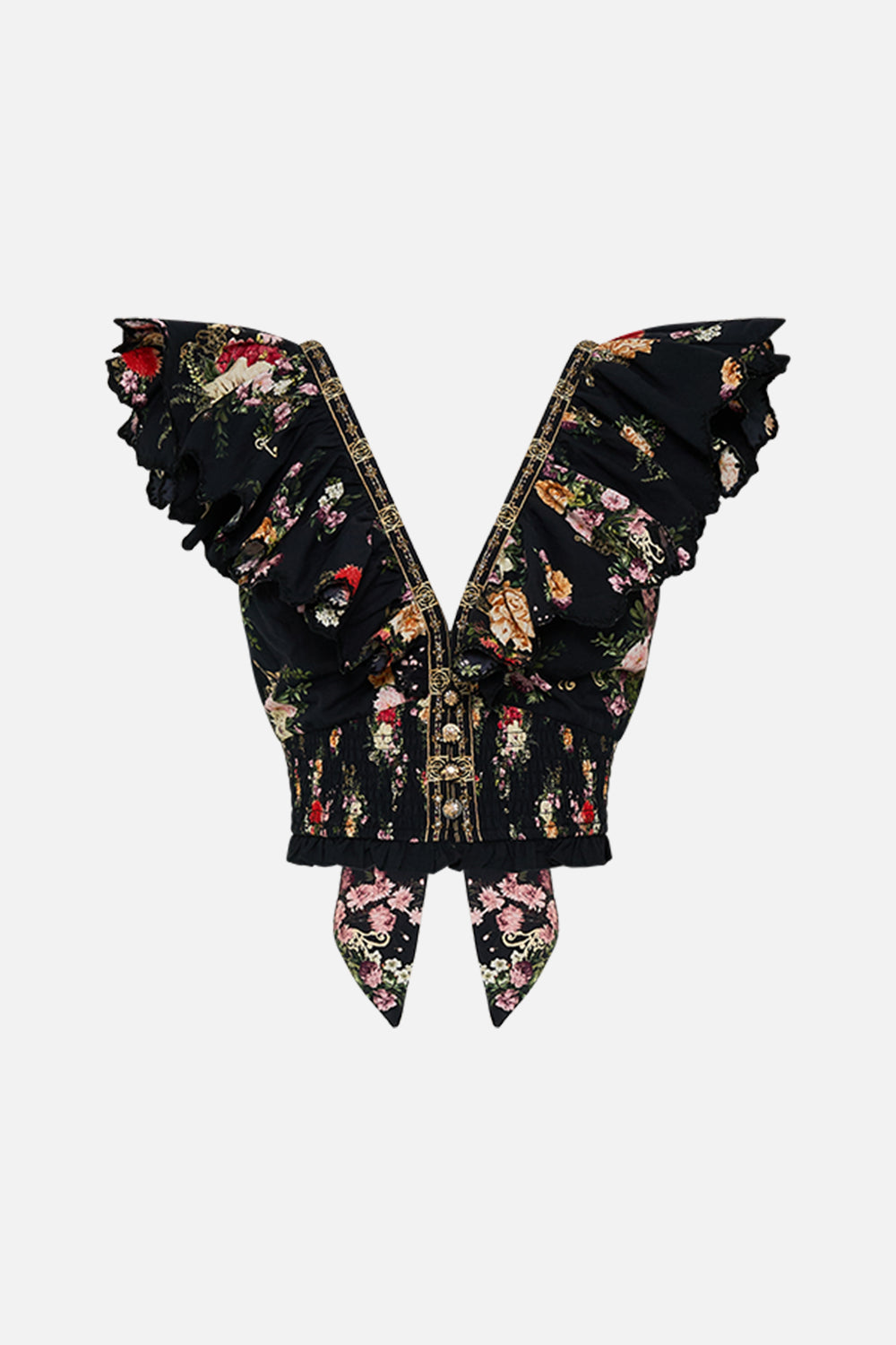 CAMILLA Deep v frill short sleeve top in Adorned in Alexandria print.