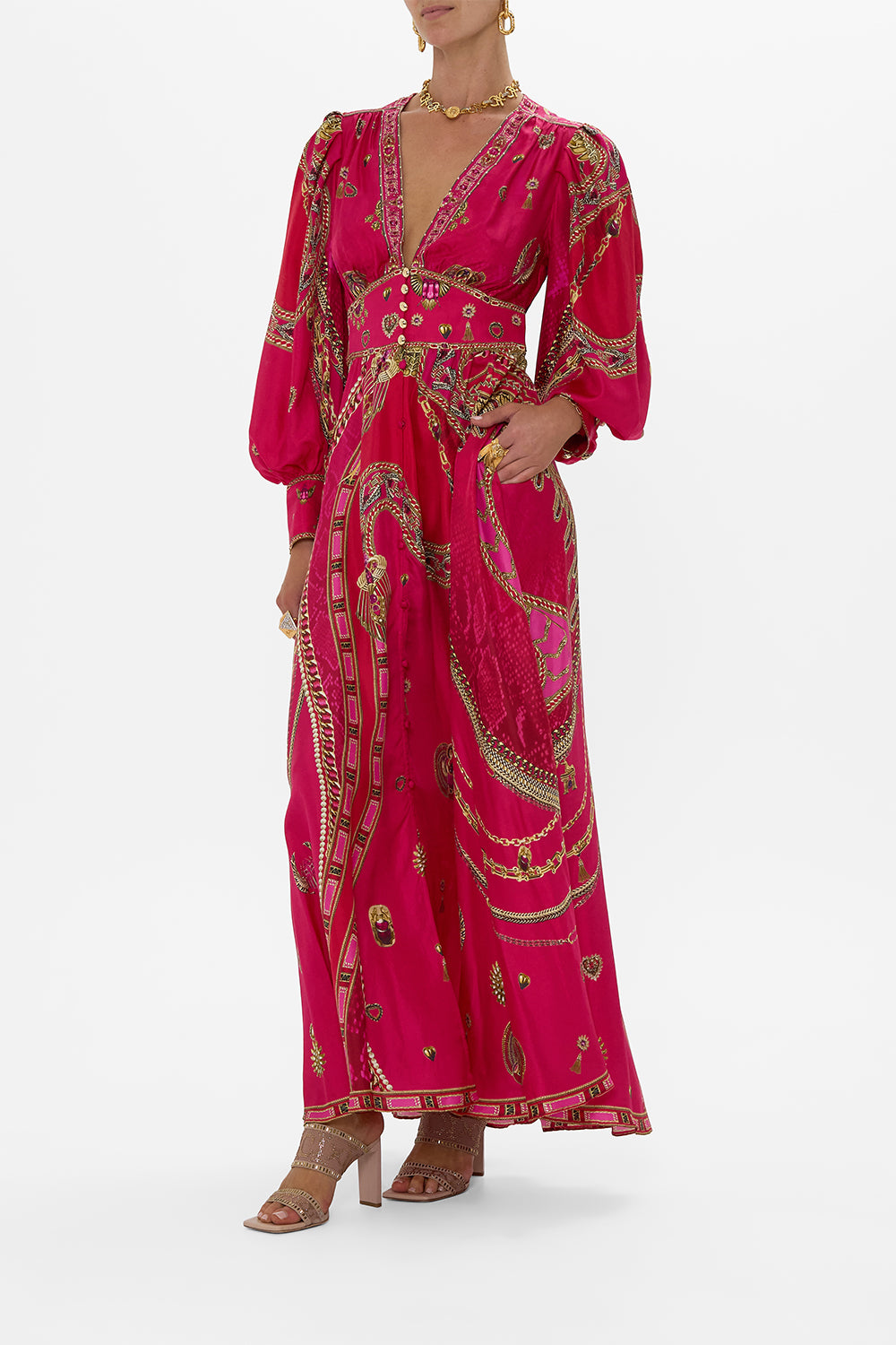 SHAPED WAISTBAND DRESS WITH GATHERED SLEEVES KISSED BY A COBRA