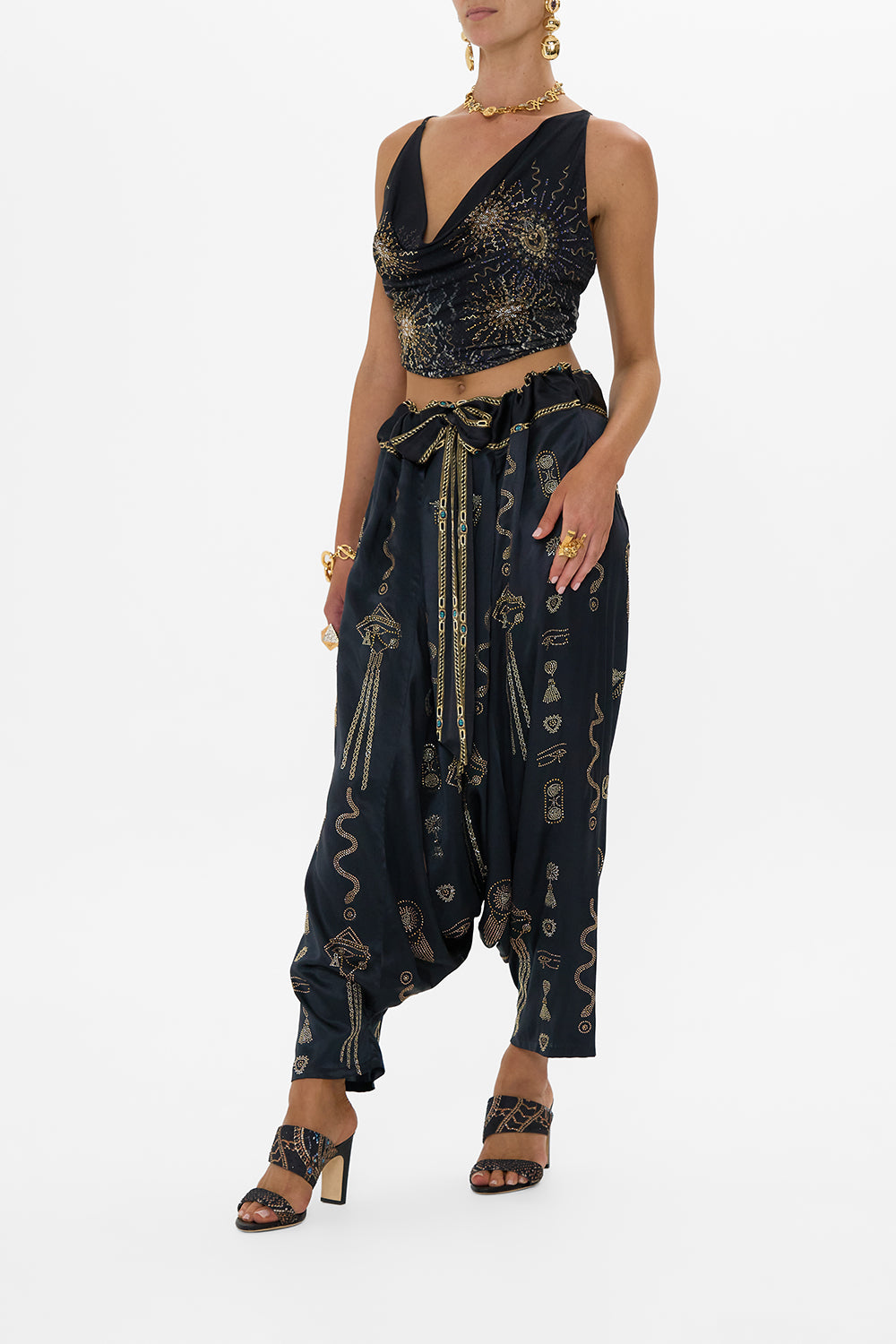 The CAMILLA COWL NECK JERSEY TOP CALL ME CLEOPATRA in our  print.