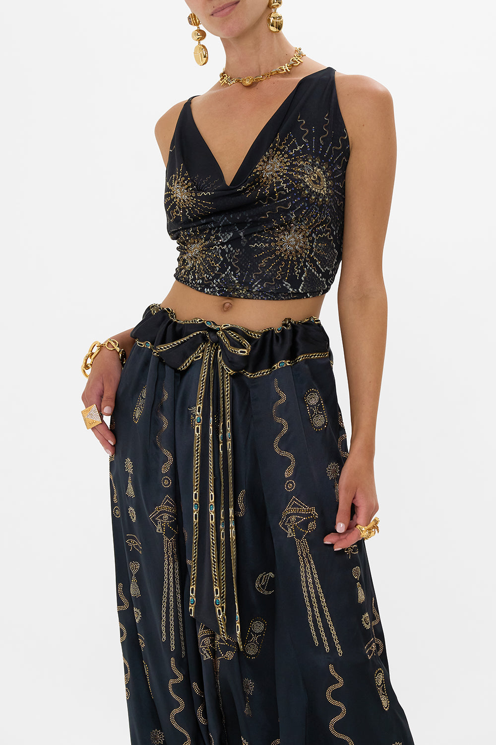 The CAMILLA COWL NECK JERSEY TOP CALL ME CLEOPATRA in our  print.