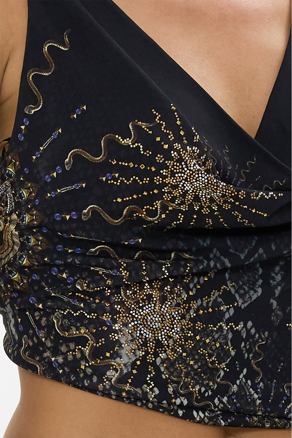 The CAMILLA COWL NECK JERSEY TOP CALL ME CLEOPATRA in our  print.