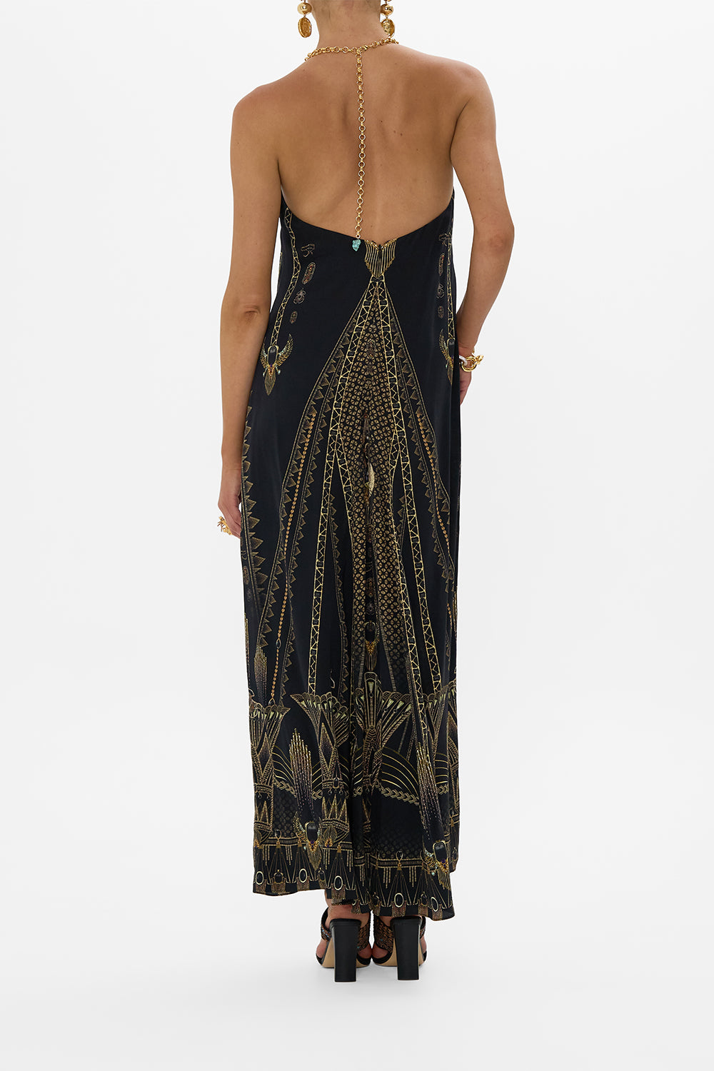 LOW BACK LONG DRESS WITH NECK HARDWARE CALL ME CLEOPATRA