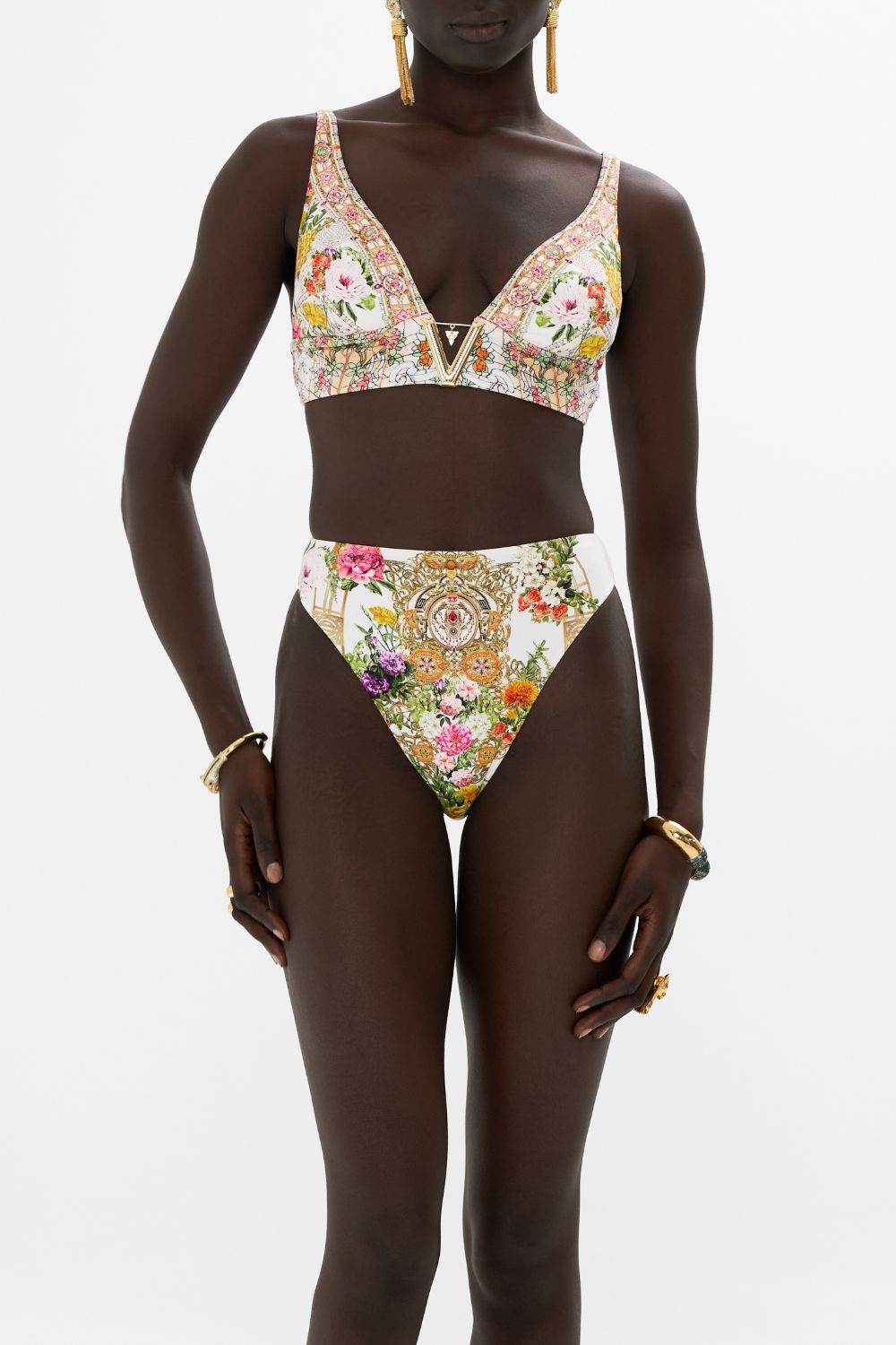 CAMILLA V Neck Hardware Bra in Egyptian Rose print. 