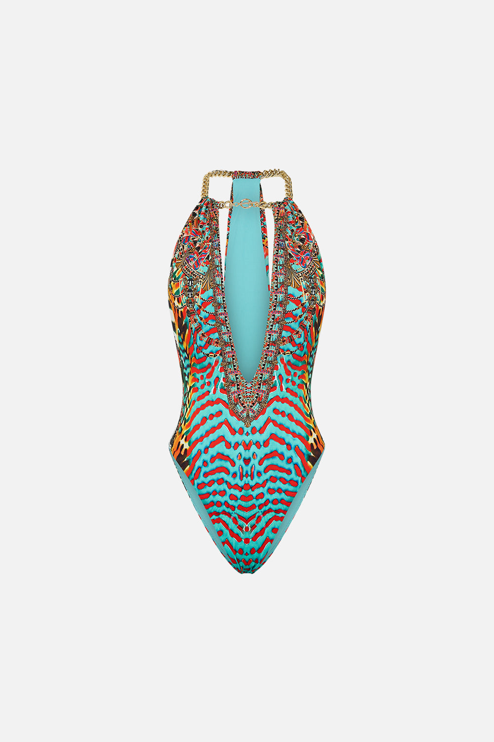 CAMILLA Chain Neck Plunge One Piece in Desert Visions print. 