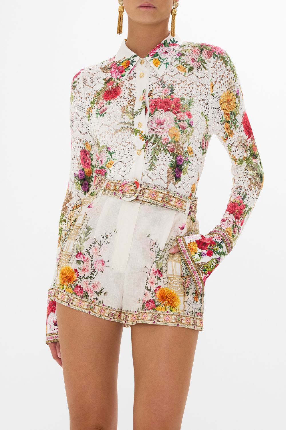The CAMILLA SILK SPLICED KNIT SHIRT EGYPTIAN ROSE in our  print.