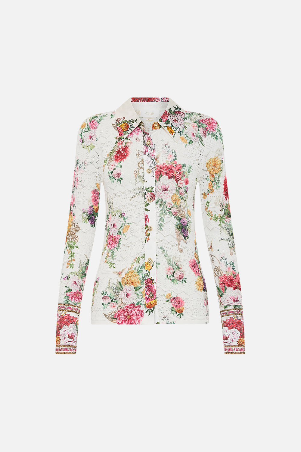 The CAMILLA SILK SPLICED KNIT SHIRT EGYPTIAN ROSE in our  print.