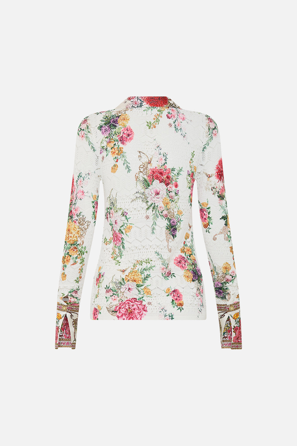 The CAMILLA SILK SPLICED KNIT SHIRT EGYPTIAN ROSE in our  print.