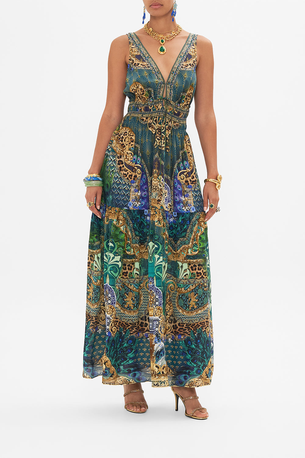 Front view of model wearing CAMILLA silk maxi dress in Peacock Rock print