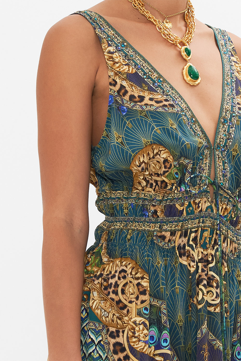 Detail  view of model wearing CAMILLA silk maxi dress in Peacock Rock print