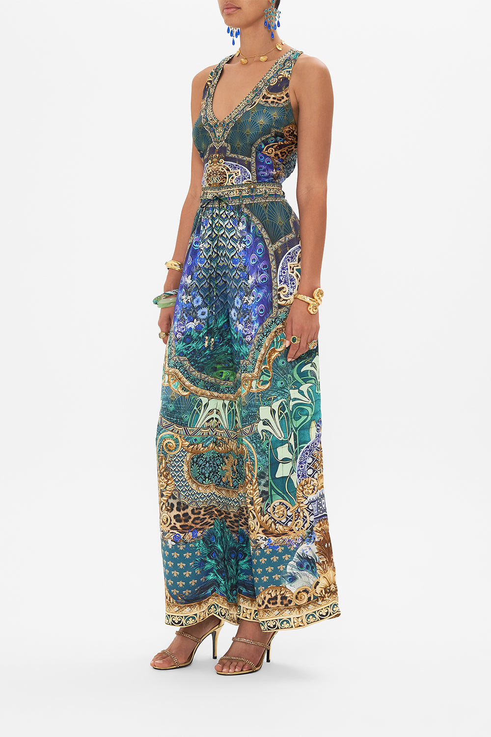 Side view of model wearing CAMILLA silk pants in Fan Dance print 