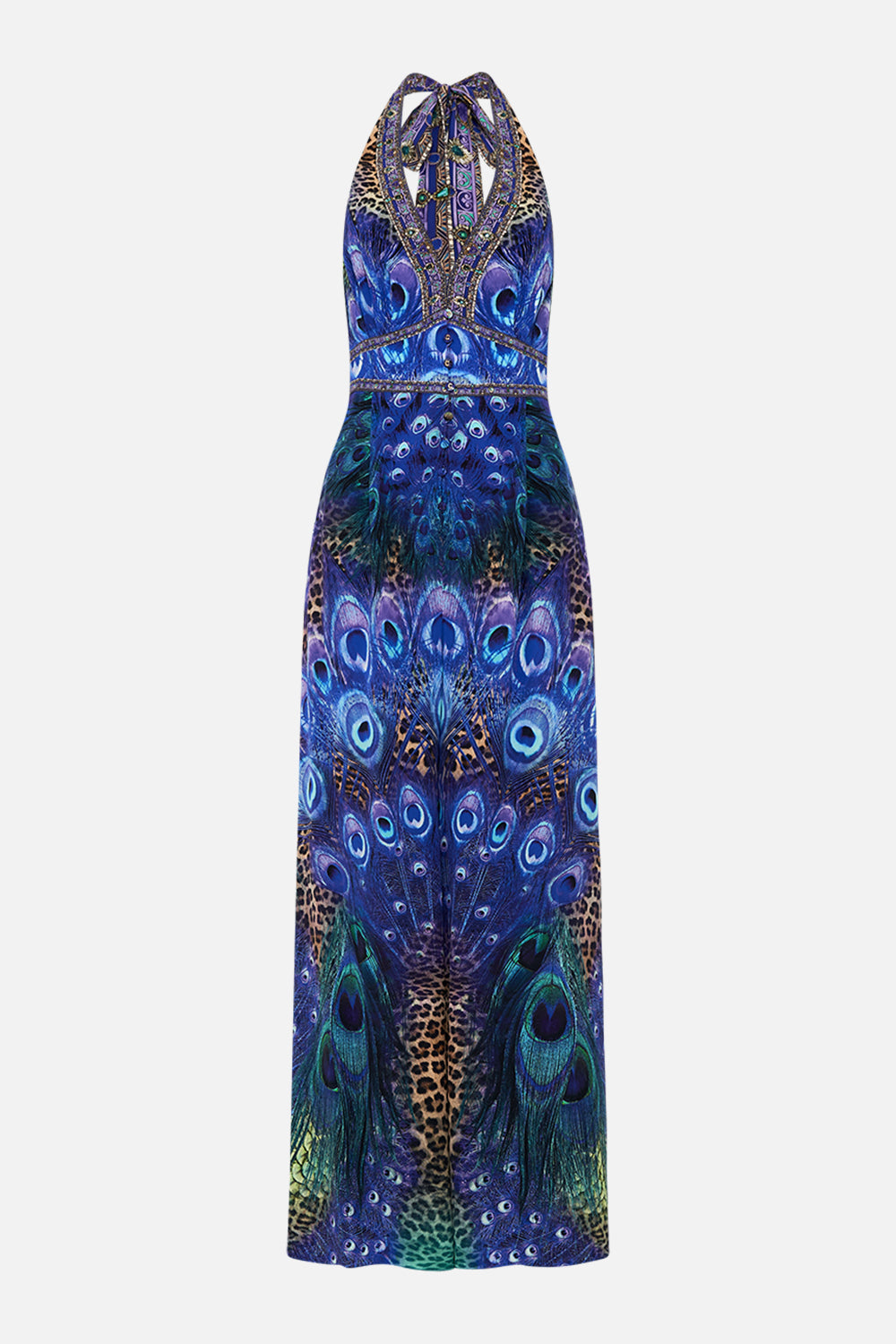 Product view of CAMILLA silk jumpsuit in Peacock Rock print
